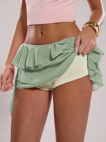 SHEIN BAE Chân váy xếp tầng thắt eo bên hông dành cho nữ, thanh lịch, phù hợp cho trang phục mùa hè, công sở, trang phục thường ngày cho nữ, trang phục đi làm cho nữ. - Màu xanh Bạc hà - Xem 3