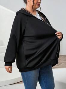 SHEIN CURVE+ Women's Casual Streetwear Leopard Print Warm Lined Hooded Sweatshirt In Plus Size, Black With Side Pockets, Autumn And Winter Styles Fall Vacation - Black - View 6