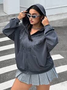 SHEIN EZwear 大码标语及人物图案落肩拉链卫衣，爱的使者，秋冬季 - 深灰色 - 查看 5