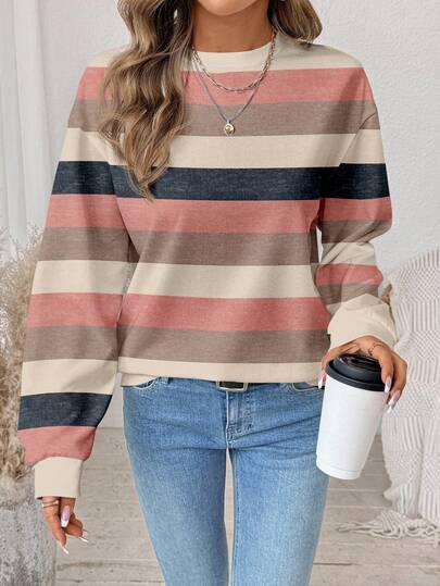 SHEIN LUNE 休闲复古条纹舒适印花图案宽松圆领长袖女式运动衫，秋冬舒适穿着