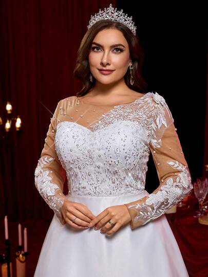 Glamrae Vestido de noiva plus size elegante, romântico, branco, com decote canoa, transparente, manga comprida, lantejoulas, luxuoso, patchwork, linha A