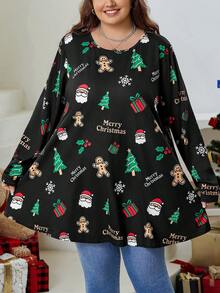 SHEIN CURVE+ Áo thun tay dài cổ tròn in khẩu hiệu Giáng sinh hình người bánh gừng cỡ lớn dành cho nữ - Nhiều màu - Xem 8