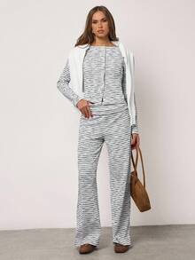 SHEIN BAE Autumn Casual Lounge Wide-Leg Pants For Women,Black And White Checkered Striped Apricot Pants,Winter Turn-Up Hem Christmas Thanksgiving Chic Clothes - White - View 3