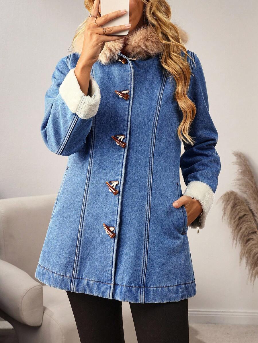 EMERY ROSE Women's Casual Denim Jacket With Fur Collar And Horn Buttons, Autumn/Winter - Blue - View 1