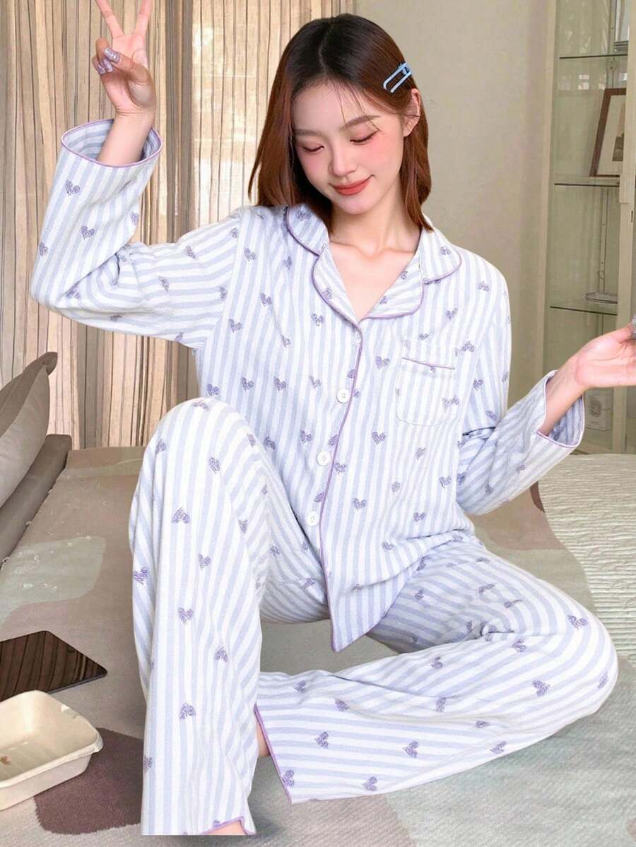 Bộ 2 món cho bé gái tuổi teen, áo khoác dài tay in hình nơ màu mơ và quần dài, đồ mặc nhà thoải mái và giản dị. - Nhiều màu - Xem 1