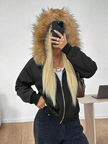 Attitoon 女士休闲宽松前开连帽长袖毛领运动衫，适合秋冬季，保暖内衬，复古 - 黑色 - 查看 2