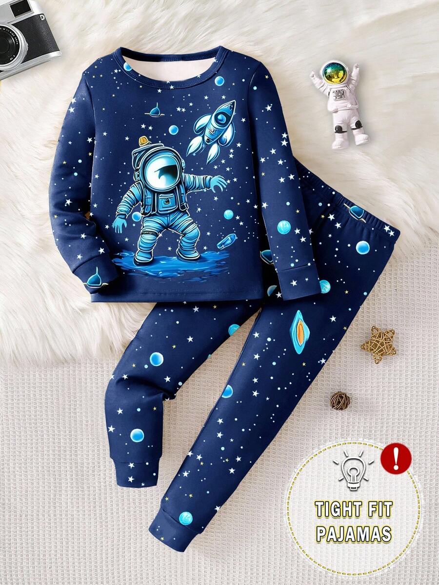 1 套男童宇航员和夜光星星印花紧身长袖上衣和裤子睡衣套装，秋季 - 藏蓝色 - 查看 1