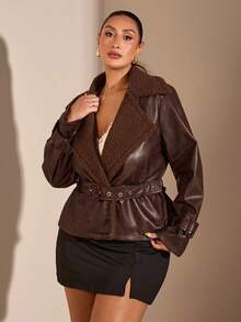 SHEIN BAE Plus Size Women Lapel NeckLong Sleeve Belted Fashionable Faux Fur Jacket, Autumn/Winter