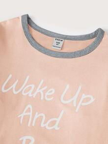 Set de 2 piezas de pantalones a cuadros y blusa de manga larga con estampado de letras en inglés, conjunto informal de ropa de casa para niñas preadolescentes - Rosa vieja - Ver 4