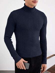EURMUSE 男士纯色高领长袖修身毛衣，秋冬 - 藏蓝色 - 查看 4