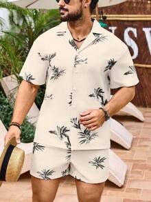 Palasendo 男士全印花短袖休闲沙滩套装，单排扣细节，夏季，夏威夷夏季两件套男士夏季两件套 - 卡其色 - 查看 3