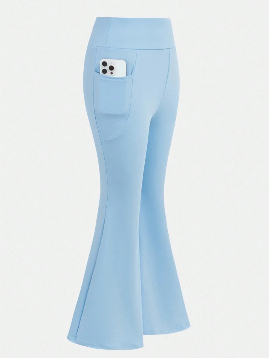 SHEIN Girlism Teen Girls' High Waist Snug Fit High Stretch Sports Yoga Casual Versatile Pocket Flare Pants, Light Blue - Baby Blue - View 1