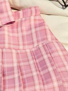 SHEIN Elladie kids 3件套女童春夏JK风格子衬衫百褶裙甜美辣味两件套服装适合旅行和表演 - 粉色 - 查看 6