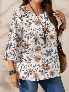 EMERY ROSE 大码女式休闲全身印花圆领宽松七分袖衬衫，秋冬 - 彩色 - 查看 5