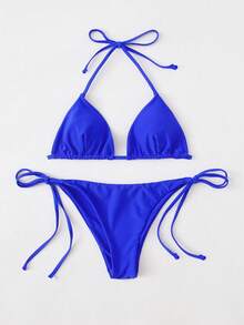 Swim Basics Summer Beach Solid Bikini Set Triangle Bra & Thong Bottom 2 Piece Bathing Suit - Royal Blue - View 3