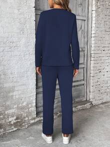 Calvaya 2 件套女士纯色圆领长袖上衣和抽绳长裤 - 藏蓝色 - 查看 2