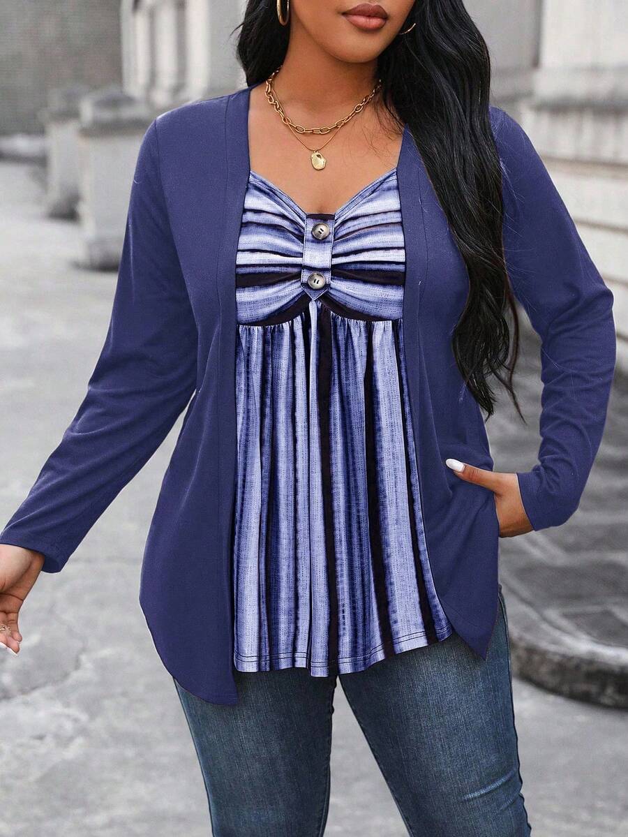 EMERY ROSE Women's Plus Size Striped Splice Asymmetrical Hem 2 In 1 T-Shirt Graphic Tees Women Tops - Navy Blue - View 1