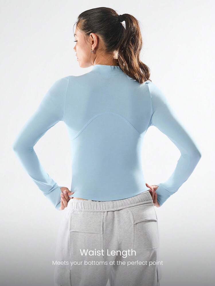 Vintage Wash Pima Cotton Waist-Length Long-Sleeve Top With Thumbholes Gym Studio Hike Active Daily Casual Wear