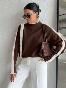 SHEIN Cottnline Casual Color Block Stand Collar Sweater, Autumn/Winter - Brown - View 6