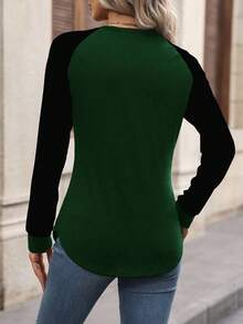 Women Casual Color Block Raglan Sleeve Long Sleeve T-Shirt, For Autumn Daily Wear Graphic Tees Women Tops For Spring - Dark Green - View 2
