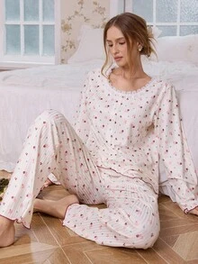 CottageSlumber Bộ đồ ngủ nữ 2 món họa tiết hoa 3D lưới nhún bèo nhún lãng mạn kiểu đồng quê, bộ đồ ngủ nữ, bộ đồ ngủ nữ 2 món, quần áo thu đông - Nhiều màu - Xem 4