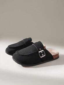 Solecia Sapatos Femininos de Bico Redondo com Costura Marcada e Fivelas, Planos e Confortáveis, Adequados para Uso Diário, Festas, Transporte, Elegantes e Versáteis - Preto - Visão 2