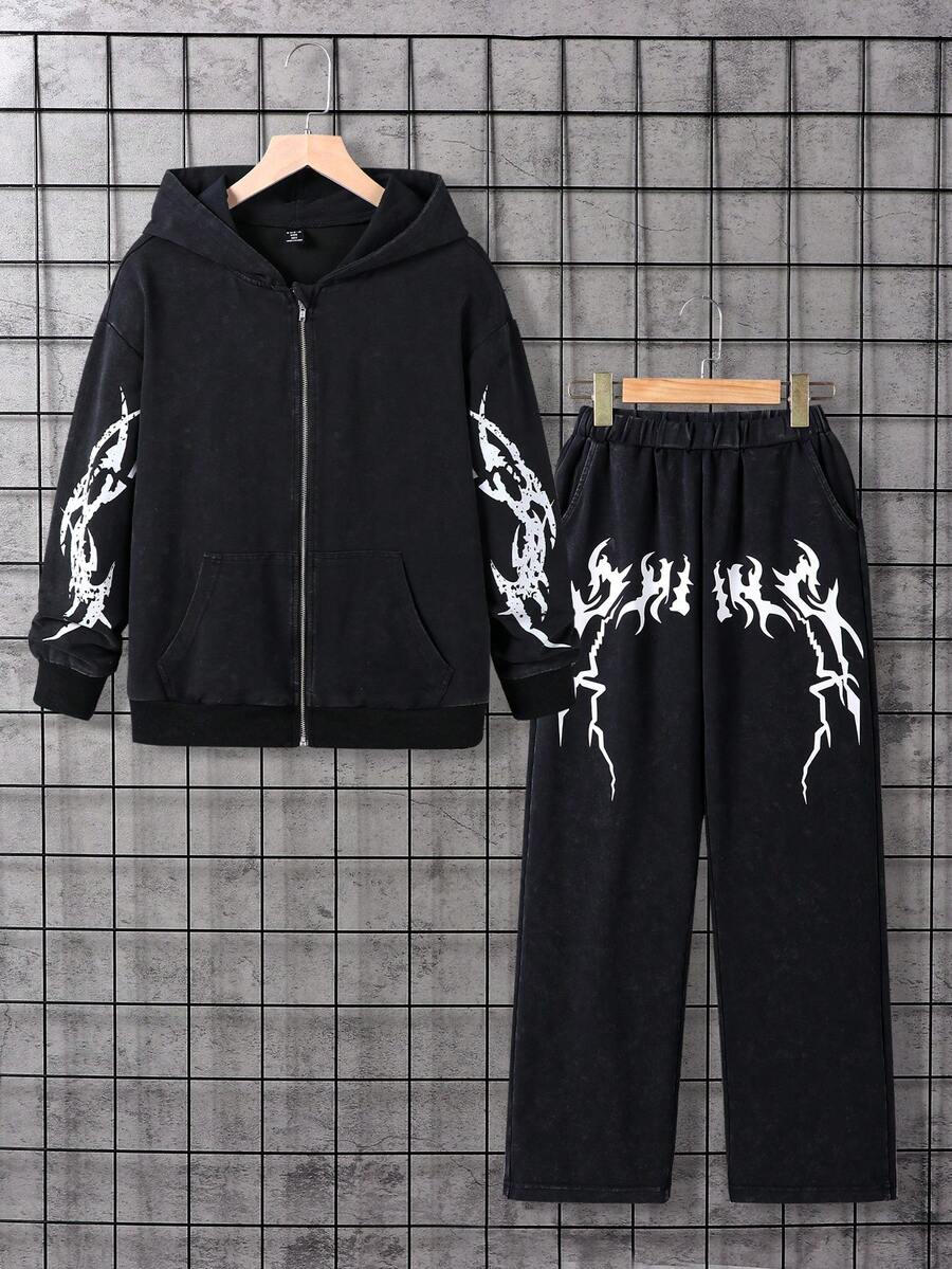 2pcs/Set Tween Boys BLACK DENIM SET Older Kids Boys' Hip Hop Style Printed Zip-Up Hoodie And Pants Set Teen Boys Sets Boys Sweatsuit Y2k Clothes Boys Set Drippy Outfits For Boys Boys Sweat Suit Fall Winter - Black - View 1