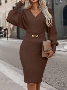 EMERY ROSE Women's Elegant Fitted Off Shoulder Long Sleeve Chain Decor Knit Dress, Autumn/Winter