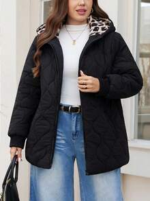 SHEIN LUNE Áo khoác mùa đông thời trang cỡ lớn bằng cotton có mũ trùm đầu dành cho nữ mặc vào mùa thu đông, Áo khoác dài thường ngày có mũ trùm đầu có khóa kéo, Mùa đông, Áo khoác chần bông lót họa tiết da báo tương phản, Áo khoác mùa đông chống lạnh và ấm áp, Mùa thu nữ, Áo khoác mùa đông nữ kiểu cũ, Áo khoác giữ nhiệt mùa đông cho nữ ngày lễ tạ ơn mùa thu đông ấm áp có cổ lông và mũ trùm đầu - màu đen - Xem 6
