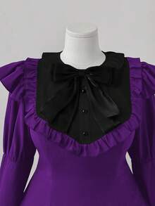 Sunspun Vestido de fiesta de vacaciones lindo con mangas gigot, parches, volantes, moño y empalme de colores contrastantes en corte evasé para mujer de talla grande