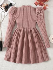 Váy len tay bồng cổ bèo nhún đính hạt thanh lịch cho bé gái tuổi teen, màu hồng, thích hợp cho tiệc Giáng sinh, năm mới, váy trơn co giãn - Hồng - Xem 4