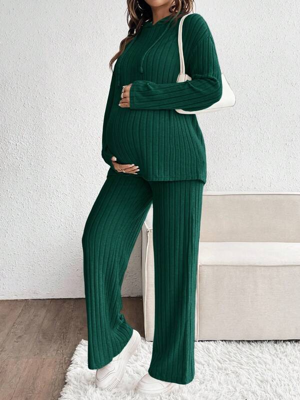 SHEIN 2pcs Maternity Casual Solid Color Long Sleeve Hooded Ribbed Top And Pants Set, Autumn Maternity Two Piece Set Green Two Piece Set Knitted Two Piece Outfit Maternity Clothes Two Piece Suits Ribbed Two Piece Set