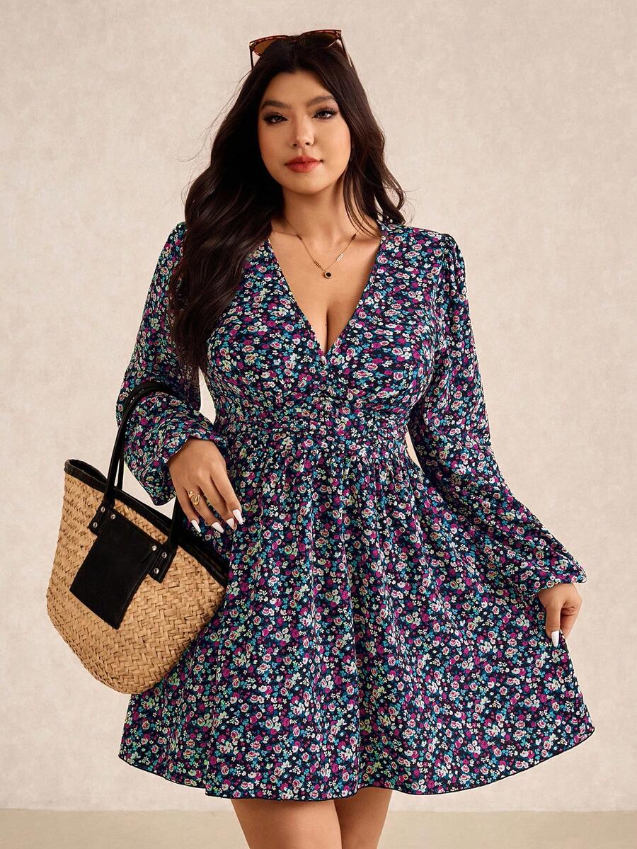 Elaquor Plus Size Women's Ditsy Floral V-Neck Lantern Sleeve Fashion Dress Flower - Navy Blue - View 1