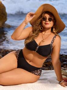 Swim Lushoire Plus Size Leopard Print Patchwork Tankini Swimsuit