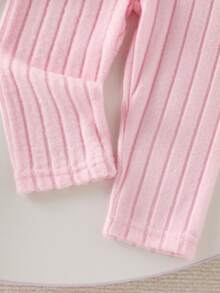 Elladie kids 2pcs Baby Girls' Knitted Ribbed Long Sleeve Waist Cinched Long Tee And Pants Set, Casual Daily Outfit For Autumn Autumn And Winter Two Piece Suit Baby Girl Warm Sets Baby Girl Casual Pant Sets Baby Girl Set Pink Bow Baby Outfit - Pink - View 6