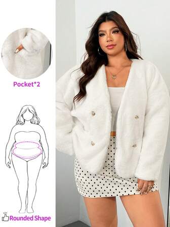 Enliva Jennifer_samantha_style Plus Size Women's Faux Fur Long Sleeve Jacket, V-Neck Fuzzy Faux Fur Coat, Metal Button Details In Fall/Winter, For Apple Rounded Body Shape