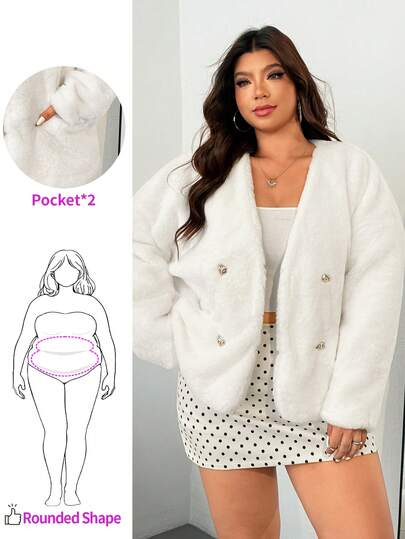 Enliva Jennifer_samantha_style Plus Size Women's Faux Fur Long Sleeve Jacket, V-Neck Fuzzy Faux Fur Coat, Metal Button Details In Fall/Winter, For Apple Rounded Body Shape