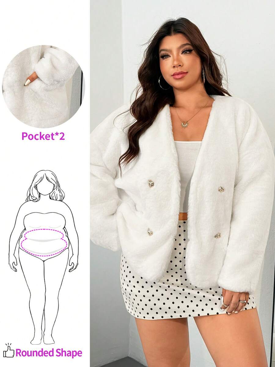 Enliva Plus Size Women's Faux Fur Long Sleeve Jacket,White,Winter,Elegant,Night Out Club,Party Fuzzy V-Neck Coat With Metal Buttons For Apple Rounded Body - White - View 1