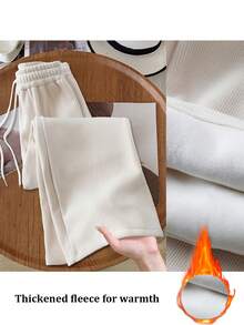 Franclia Quần ống đứng cạp chun rút màu trơn dành cho nữ, lót giữ nhiệt cho mùa thu/đông - Màu be - Xem 3