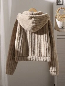 SHEIN Explorewe Chaqueta con capucha reversible de forro polar para adolescentes, cálida para actividades al aire libre, cómoda y acogedora para otoño/invierno - Caqui - Ver 2