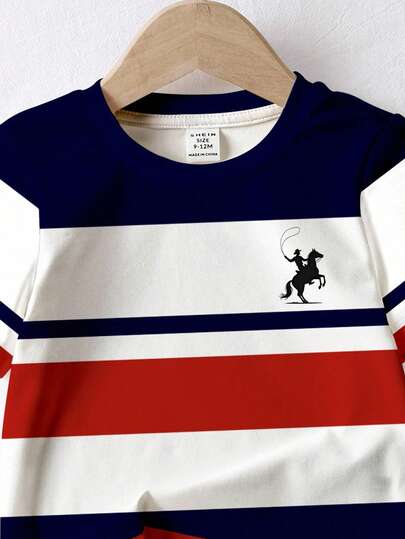 SHEIN Conjunto de ropa de verano para bebé niño con camiseta de manga corta con gráfico de caballero montando a caballo, estilo clásico casual con parches a rayas, adecuado para el verano