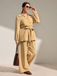 Momelise Große Größen einfarbiges dekoratives Knopf-Gürtel-Kragen-Schleife Lässig Regular Damen Bluse, einfarbige Gürtel Lässig weite Regular Damen Lange Hose, Herbst/Winter Regular 2 Stücke Set