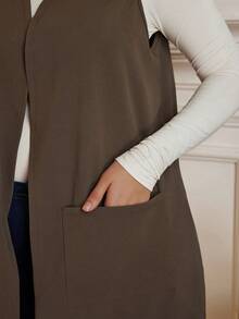 EMERY ROSE Áo khoác không tay màu trơn cỡ lớn, túi rộng, đơn giản, mặc thường ngày, mùa xuân/hè, thu/đông - màu nâu - Xem 6