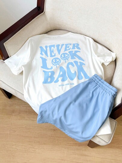 Outfit estivo da uomo con t-shirt con slogan e grafica a cartone animato, pantaloncini con coulisse in vita, abbigliamento per coppie