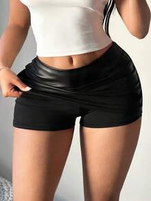 SHEIN SXY 女式休闲性感PU紧身低腰迷你裙 - 黑色 - 查看 3