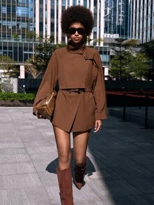 Lumivelle 女式休闲通勤插肩袖立领日间锁饰腰部长袖风衣，秋季