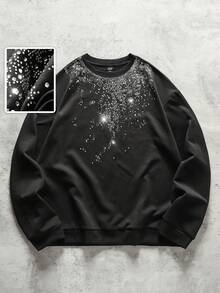 ROMWE MEN Street Life Men Sparkling Diamond Decor Crew Neck Loose Fit Long Sleeve Pullover Sweatshirt, Fall - Black - View 1