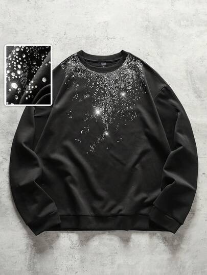 Street Life Felpa uomo oversize a girocollo con decorazioni di diamanti scintillanti, manica lunga, autunnale