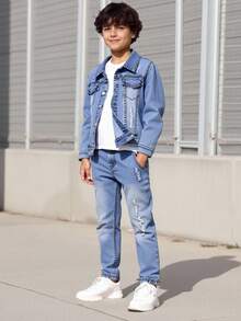 Tween Boys 2pcs Denim Outfit, Autumn New Arrival, Versatile College Style, Street Fashion, Vintage Dark Blue Washed Distressed Ripped Slim Fit Denim Jacket Coat Paired With Slim Fit Denim Pants, Soft & Comfortable Fabric, Casual & Simple Style For Teenage Boys Fall Winter