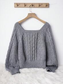 Sweetra Autumn/Winter New Arrival Square Collar Loose Knit Casual Elegant Commuting Women Gray Pullover Sweater - Grey - View 1